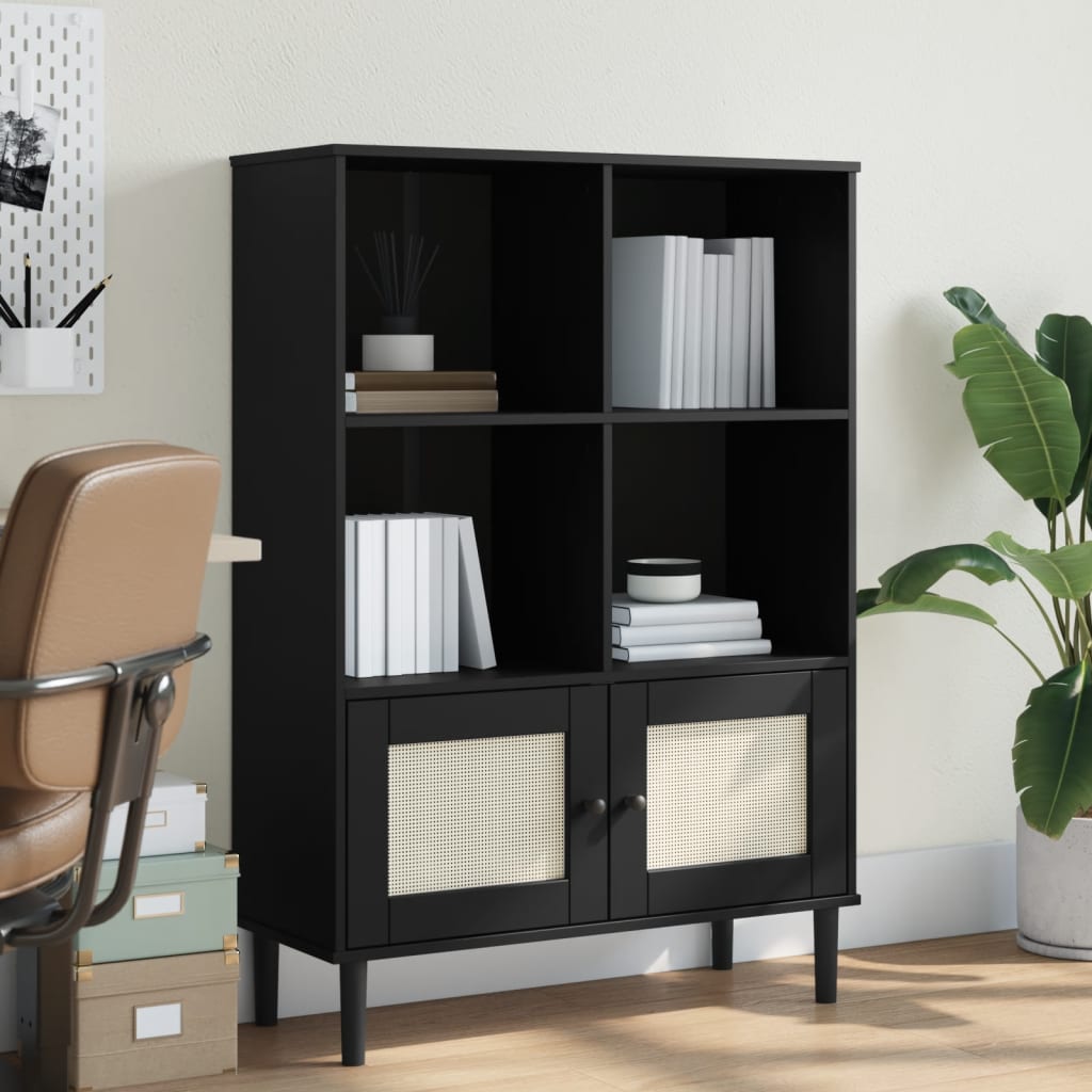 Bogreol SENJA i rattanlook - 90×35×130 cm, massivt fyrretræ, sort