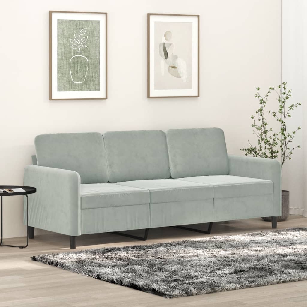 3-personers sofa i velour - lysegrå, sædebredde 180 cm