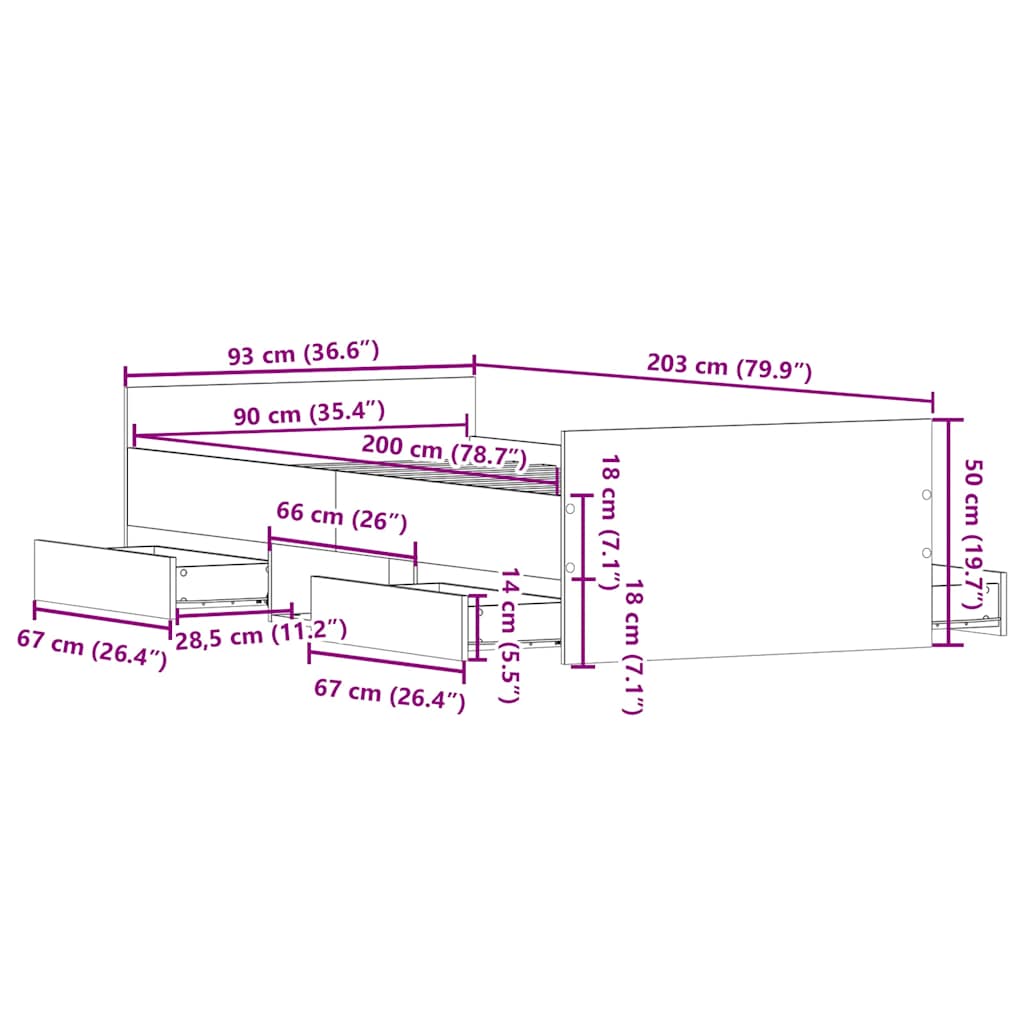 sengeramme med sengegavl og fodgærde 90x200 cm sonoma-eg
