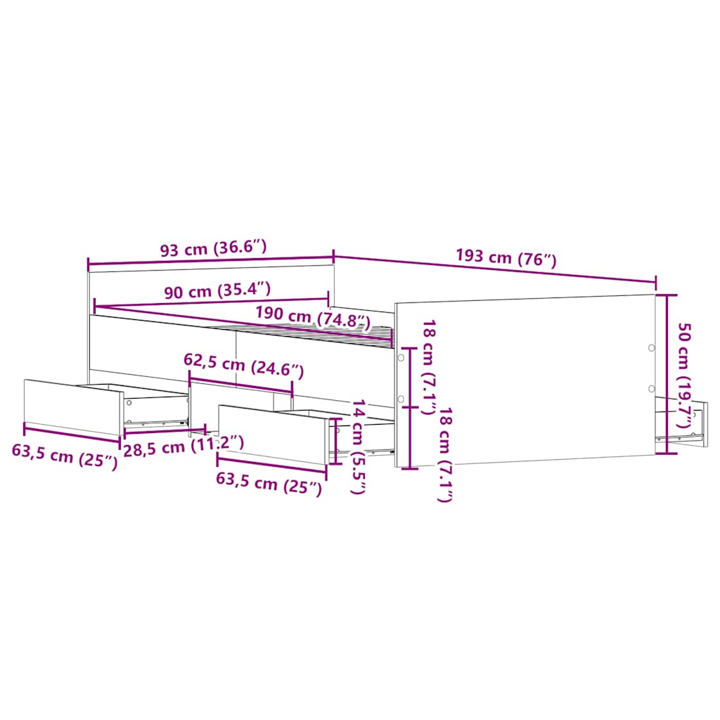 sengeramme med sengegavl og fodgærde 90x190 cm grå sonoma-eg