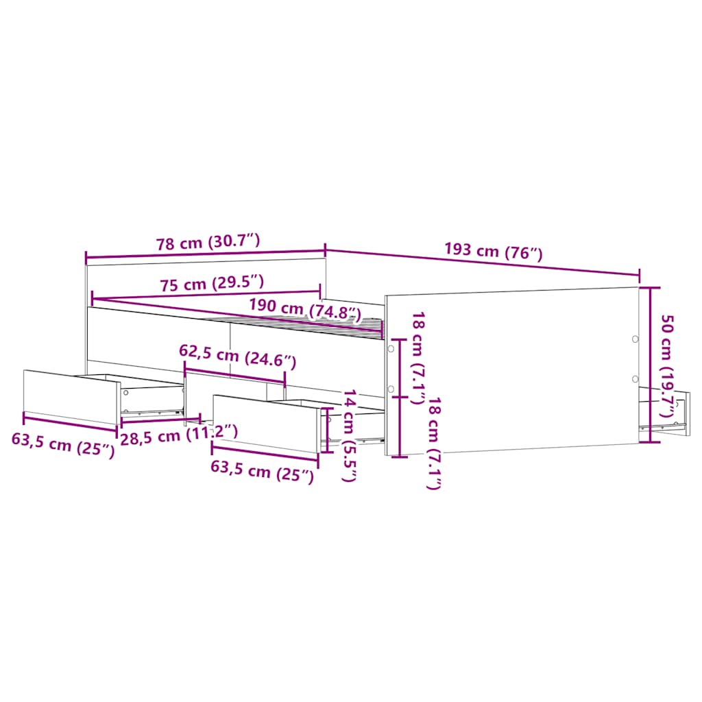 sengeramme med sengegavl og fodgærde 75x190 cm sonoma-eg