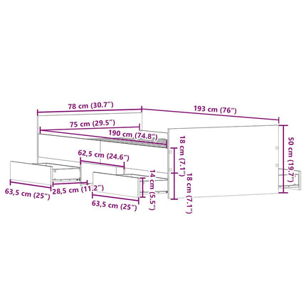 sengeramme med sengegavl og fodgærde 75x190 cm grå sonoma-eg