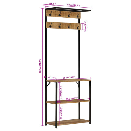 knagerække med skoopbevaring 68x30x182 cm massivt ru mangotræ