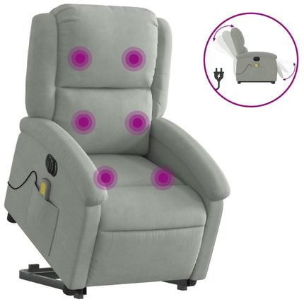 massagestol med løftefunktion velour lysegrå