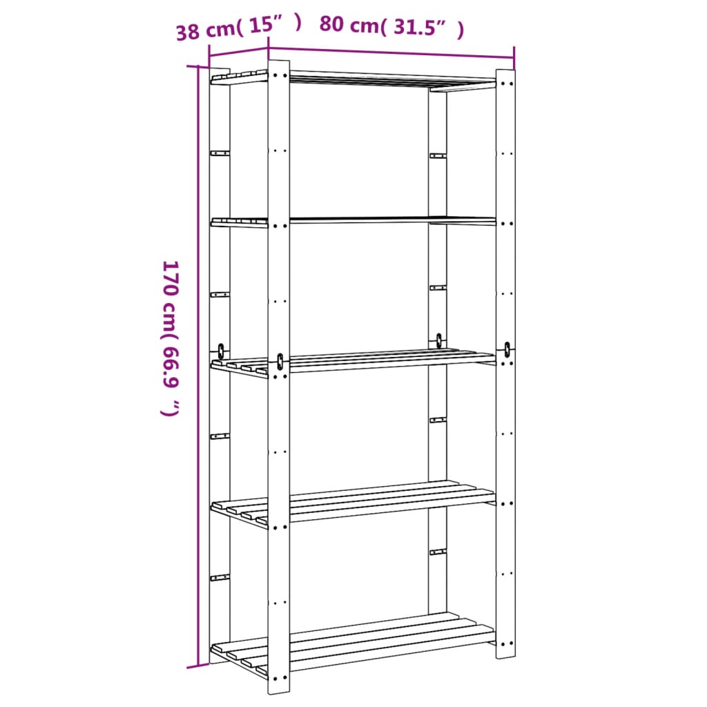 opbevaringsreol 5 hylder 80x38x170 cm massivt fyrretræ sort