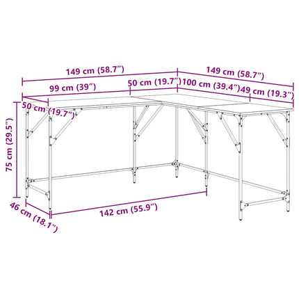 skrivebord 149x149x75 cm konstrueret træ røget egetræsfarve