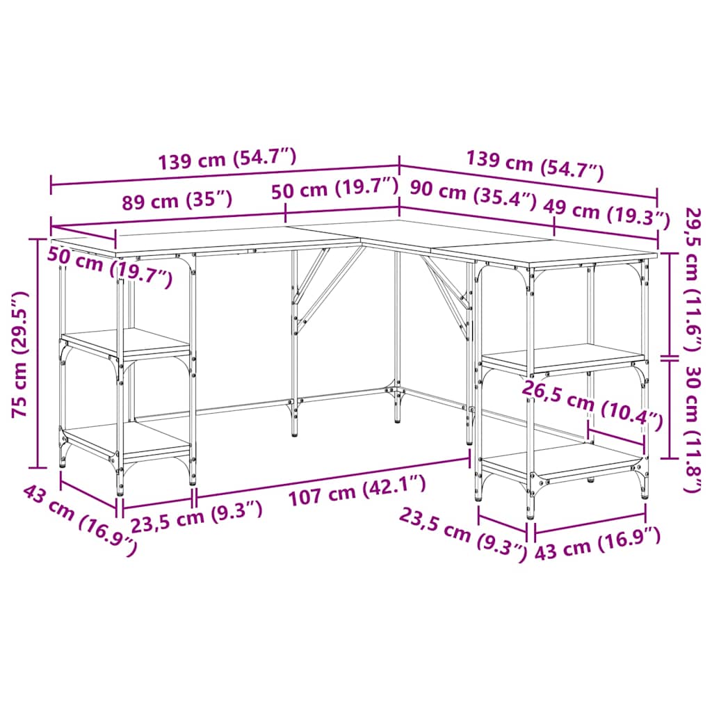 skrivebord 139x139x75 cm konstrueret træ sonoma-eg