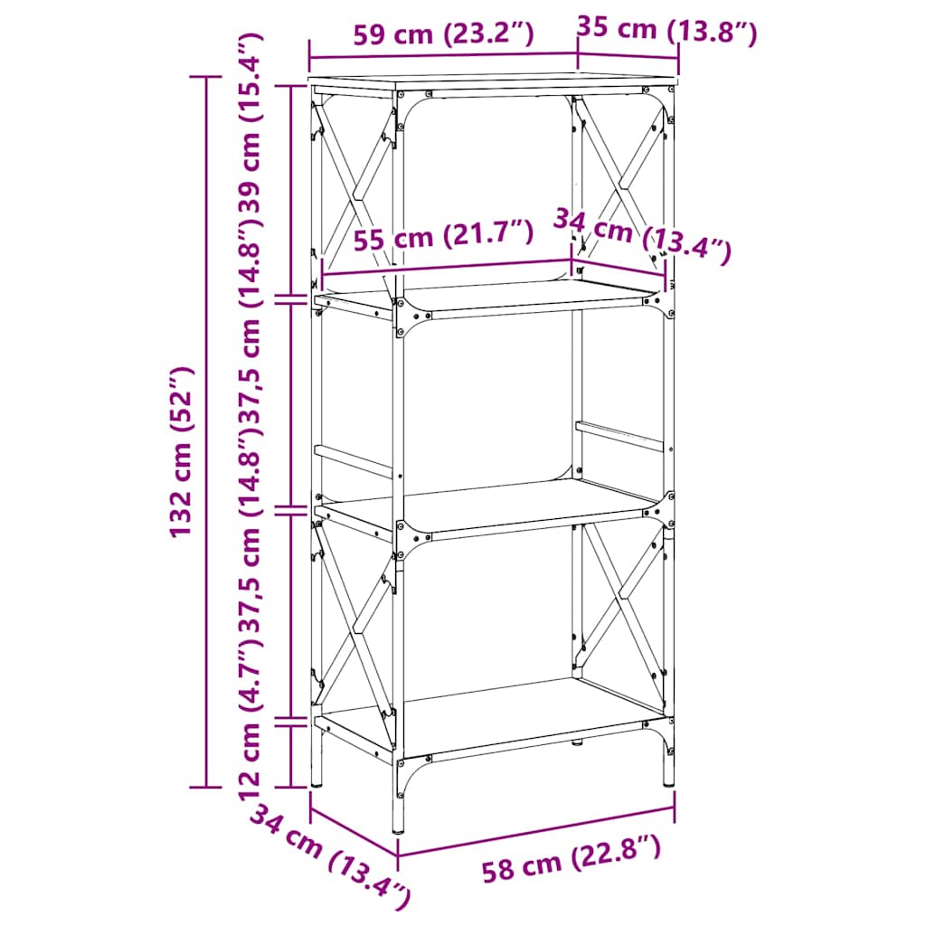 bogreol 4 hylder 59x35x132 cm konstrueret træ brunt eg