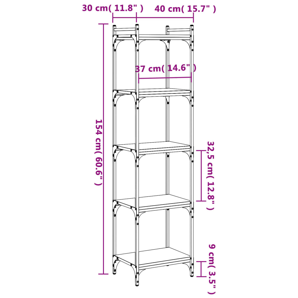 bogreol 5 hylder 40x30x154 cm konstrueret træ brunt eg