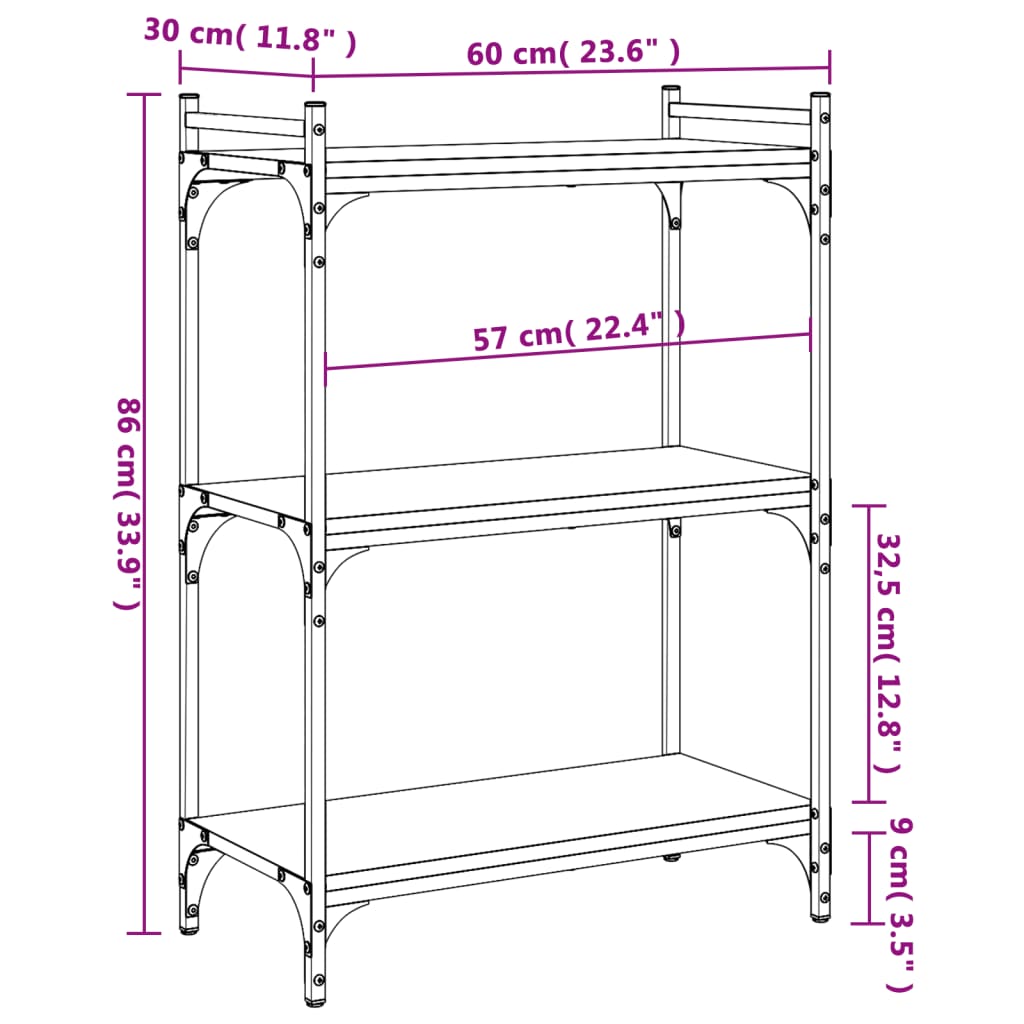bogreol 60x30x86 cm 3 hylder konstrueret træ brunt eg