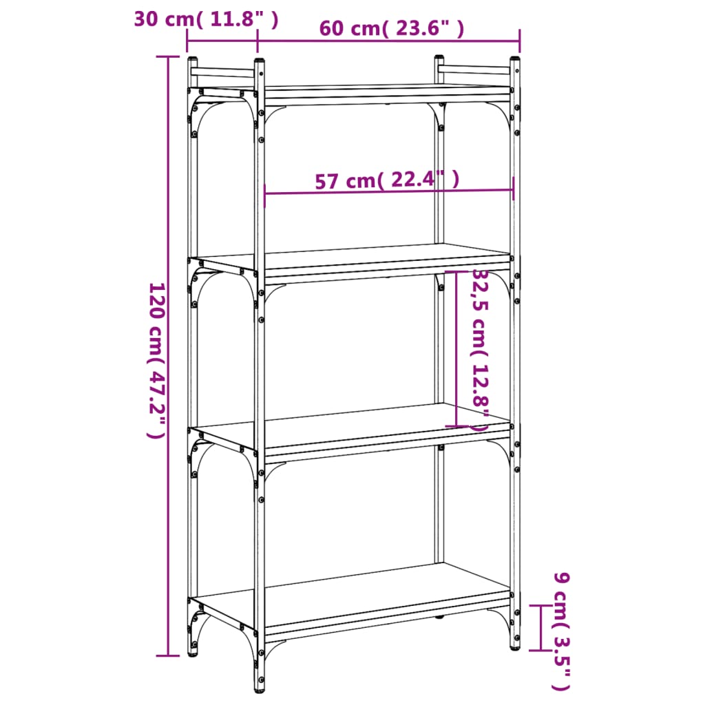 bogreol med 4 hylder 60x30x120 cm konstrueret træ sort