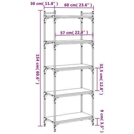 bogreol 5 hylder 60x30x154 cm konstrueret træ brunt eg