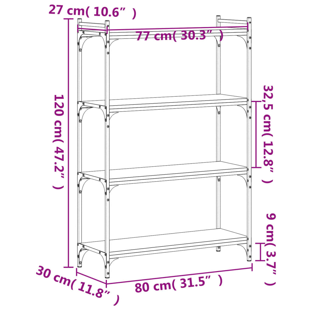 bogreol med 4 hylder 80x30x120 cm konstrueret træ sort