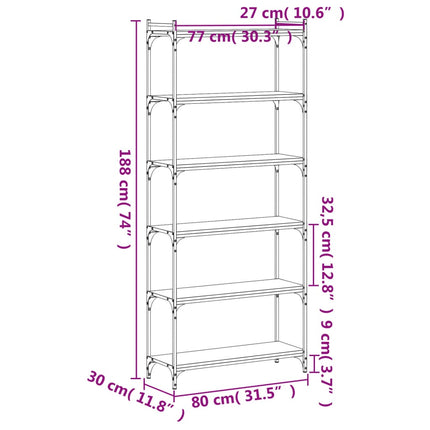 bogreol 6 hylder 80x30x188 cm konstrueret træ sonoma-eg