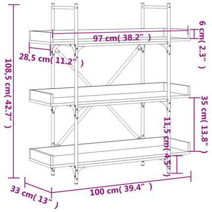 bogreol 3 hylder 100x33x108,5 cm konstrueret træ grå sonoma-eg