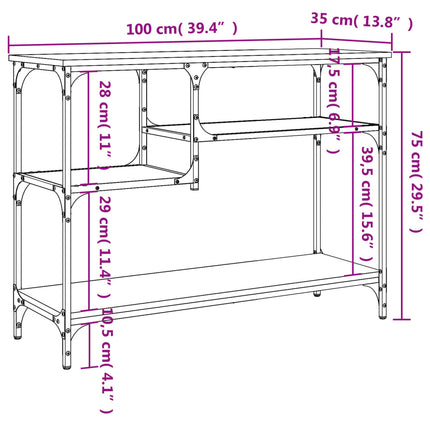konsolbord med hylder 100x35x75 cm brun egetræsfarve