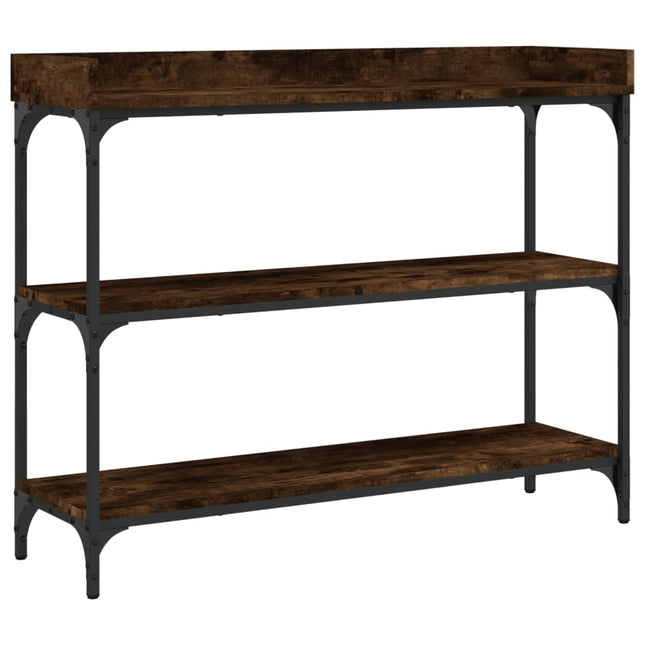konsolbord med hylder 100x30x80 cm røget egetræsfarve