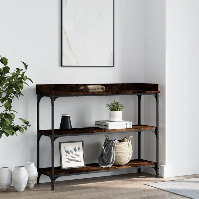 konsolbord med hylder 100x30x80 cm røget egetræsfarve