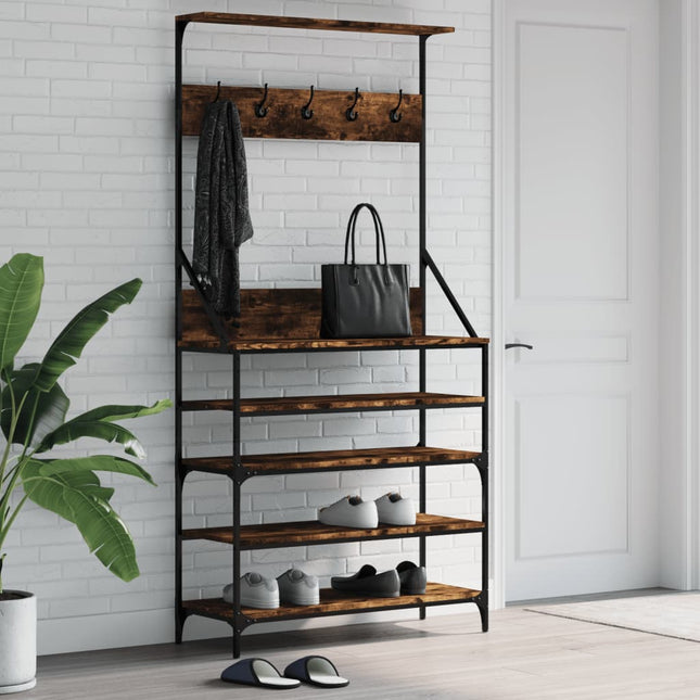 tøjstativ med skoopbevaring 90x34x184 cm røget egetræsfarve