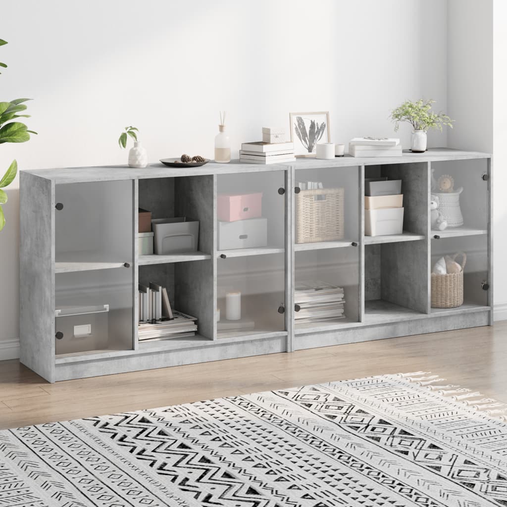 Bogreol med glaslåger - 204 × 37 × 75 cm, konstrueret træ, betongrå