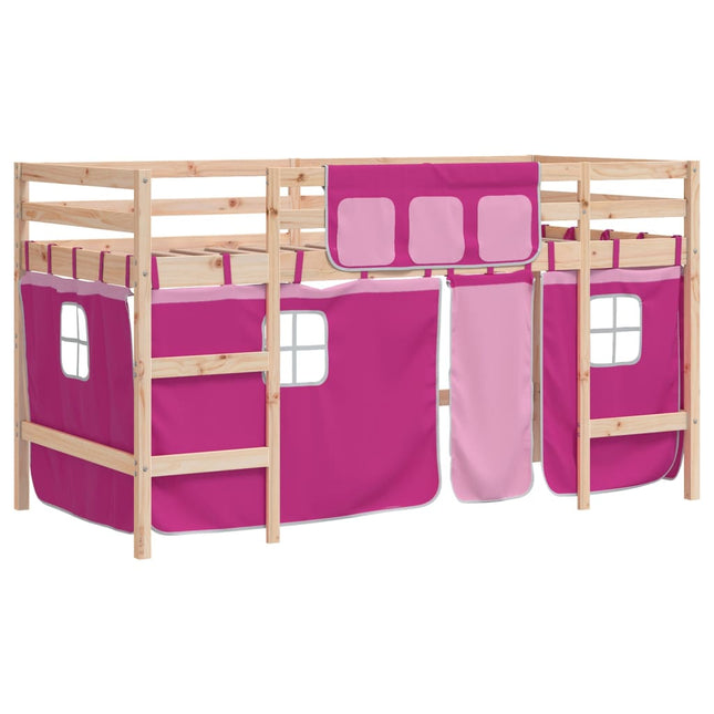 højseng med gardiner 90x190 cm massivt fyrretræ pink