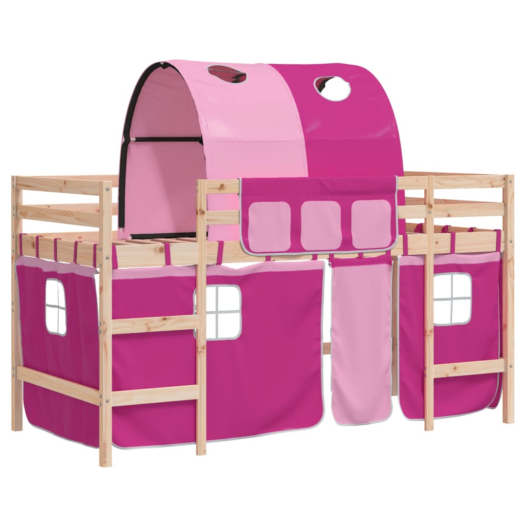 højseng med tunnel 90x190 cm massivt fyrretræ pink