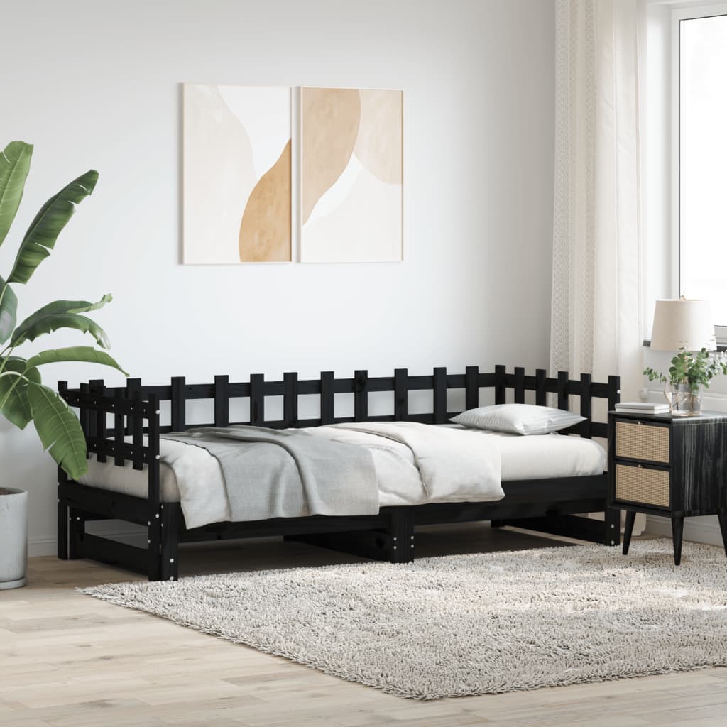 daybed med udtræk 2x(80x200) cm massivt fyrretræ sort billede