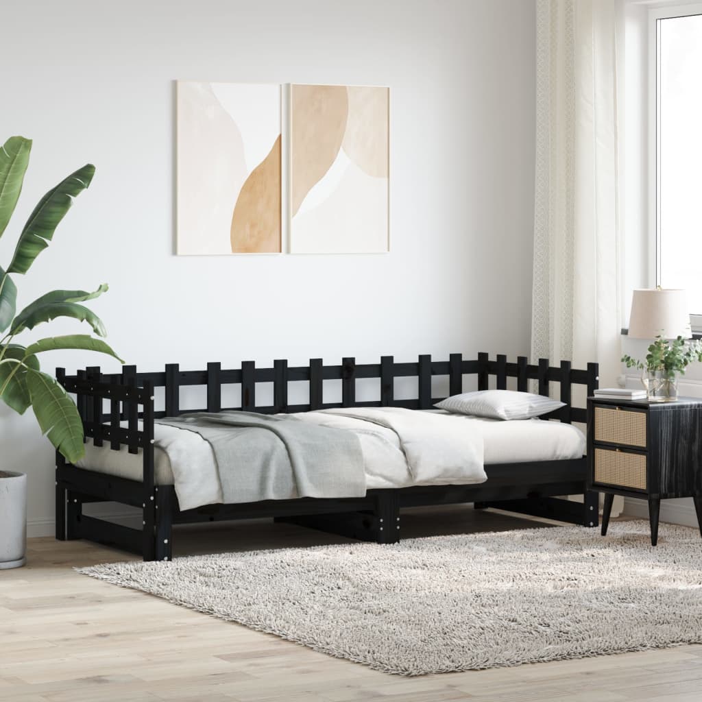 daybed med udtræk 2x(90x200) cm massivt fyrretræ sort billede