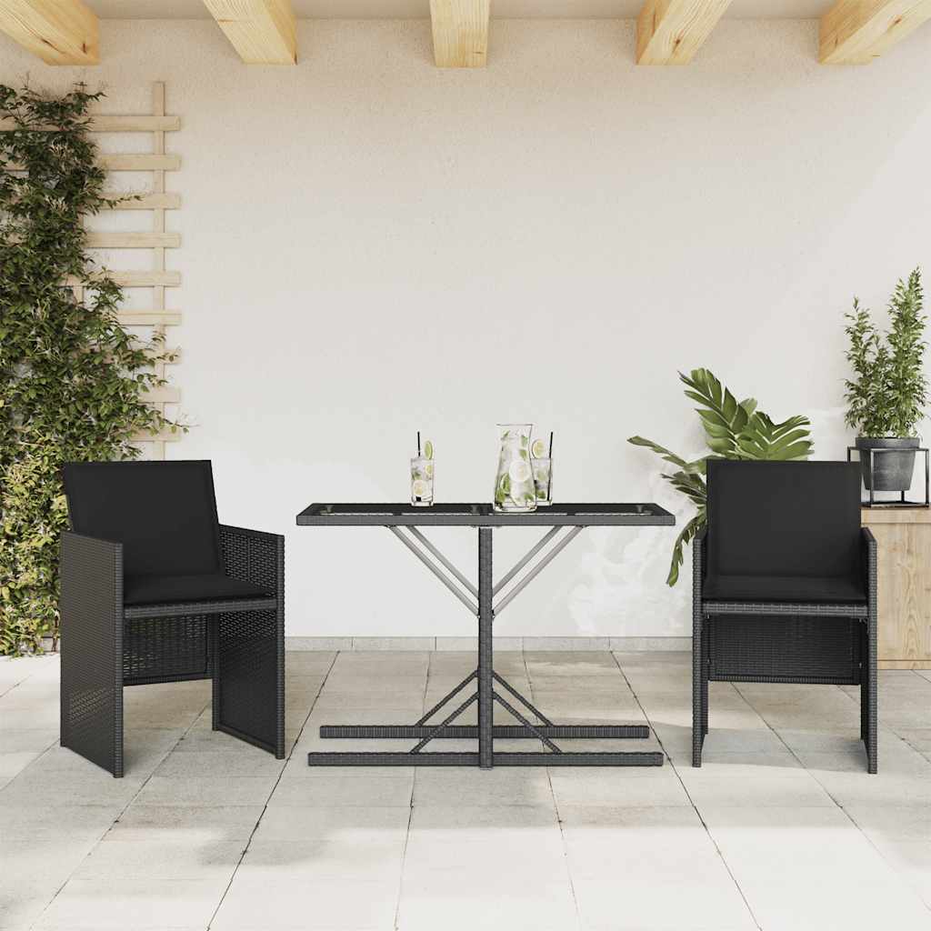 Bistrosæt Til Haven 3 Dele Med Hynder Polyrattan - Sort / Glas