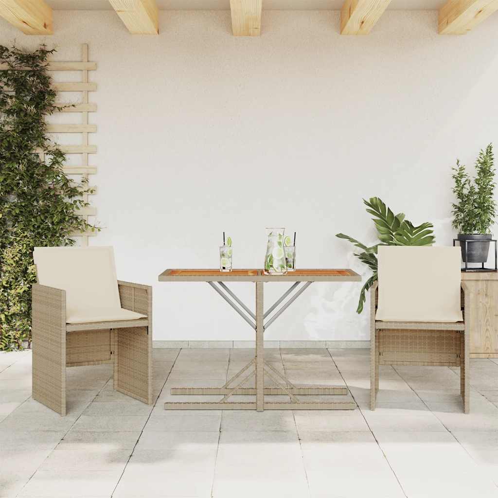 Bistrosæt Til Haven 3 Dele Med Hynder Polyrattan - beige og cremefarvet / træ