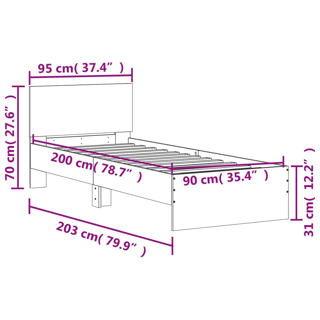 sengeramme med sengegavl 90x200 cm konstrueret træ betongrå