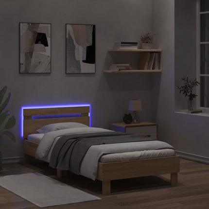 sengeramme med sengegavl og LED-lys 100x200 cm sonoma-eg