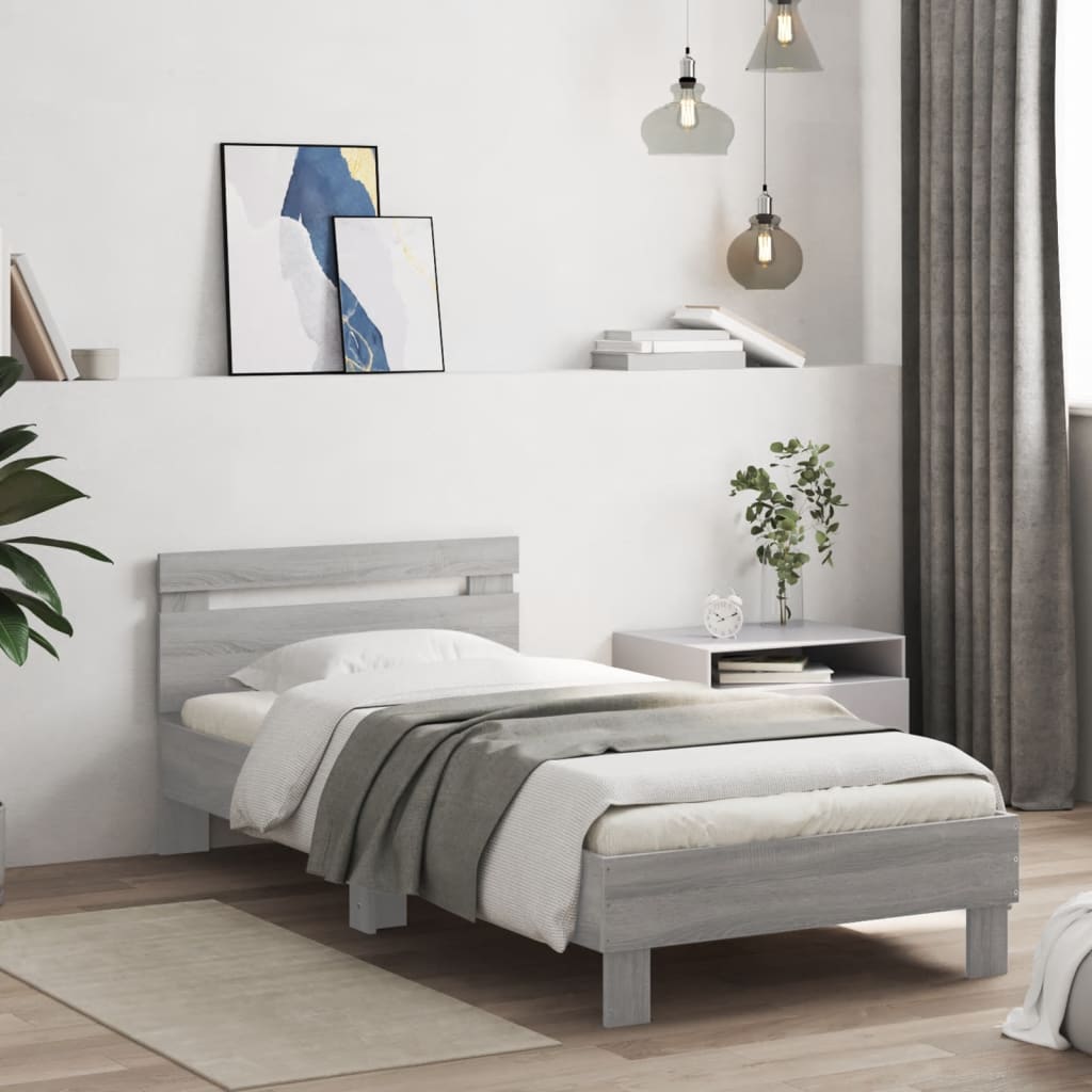 sengeramme med sengegavl og LED-lys 90x190 cm grå sonoma-eg