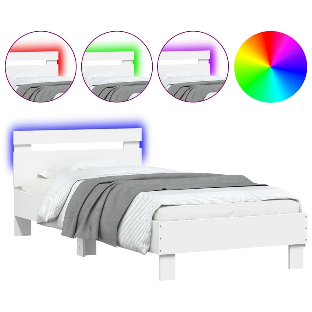 sengeramme med sengegavl og LED-lys 75x190 cm hvid