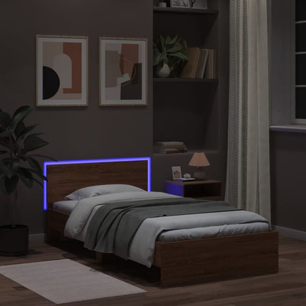 sengeramme m. sengegavl og LED-lys 100x200 cm brun egetræsfarve