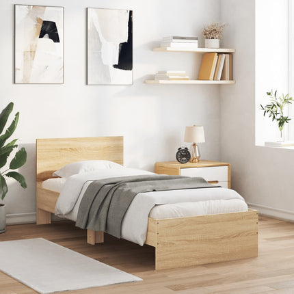sengeramme med sengegavl og LED-lys 90x200 cm sonoma-eg