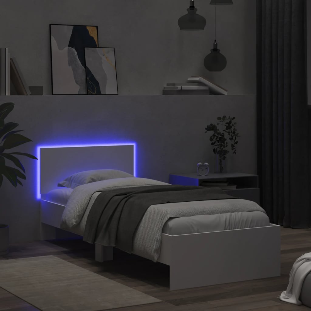sengeramme med sengegavl og LED-lys 90x190 cm hvid