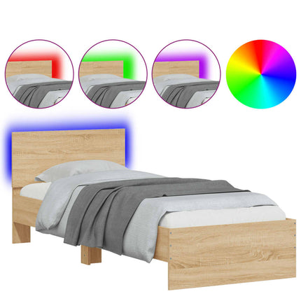sengeramme med sengegavl og LED-lys 90x190 cm sonoma-eg