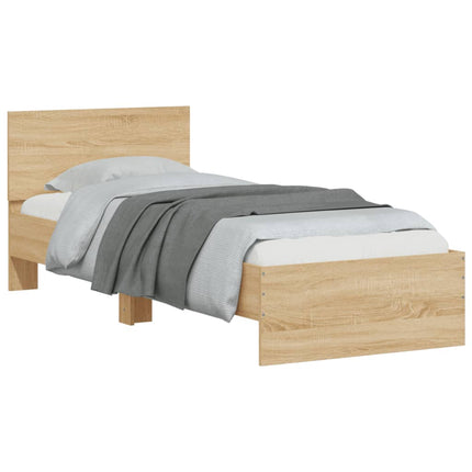 sengeramme med sengegavl og LED-lys 90x190 cm sonoma-eg
