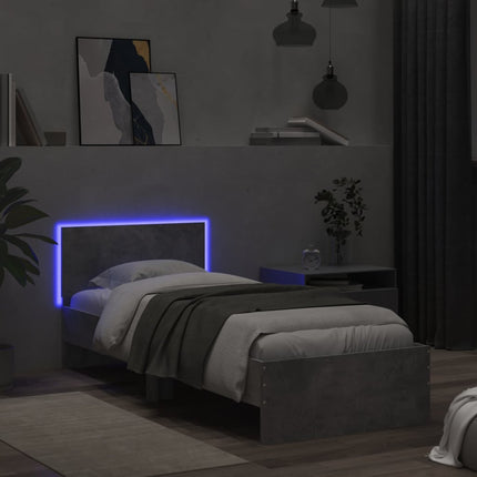 sengeramme med sengegavl og LED-lys 90x190 cm betongrå