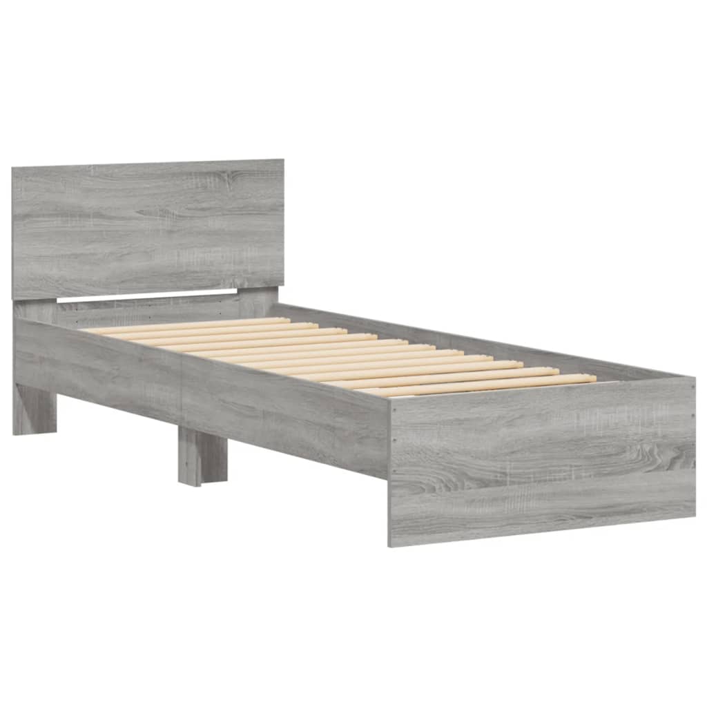 sengeramme med sengegavl og LED-lys 90x190 cm grå sonoma-eg