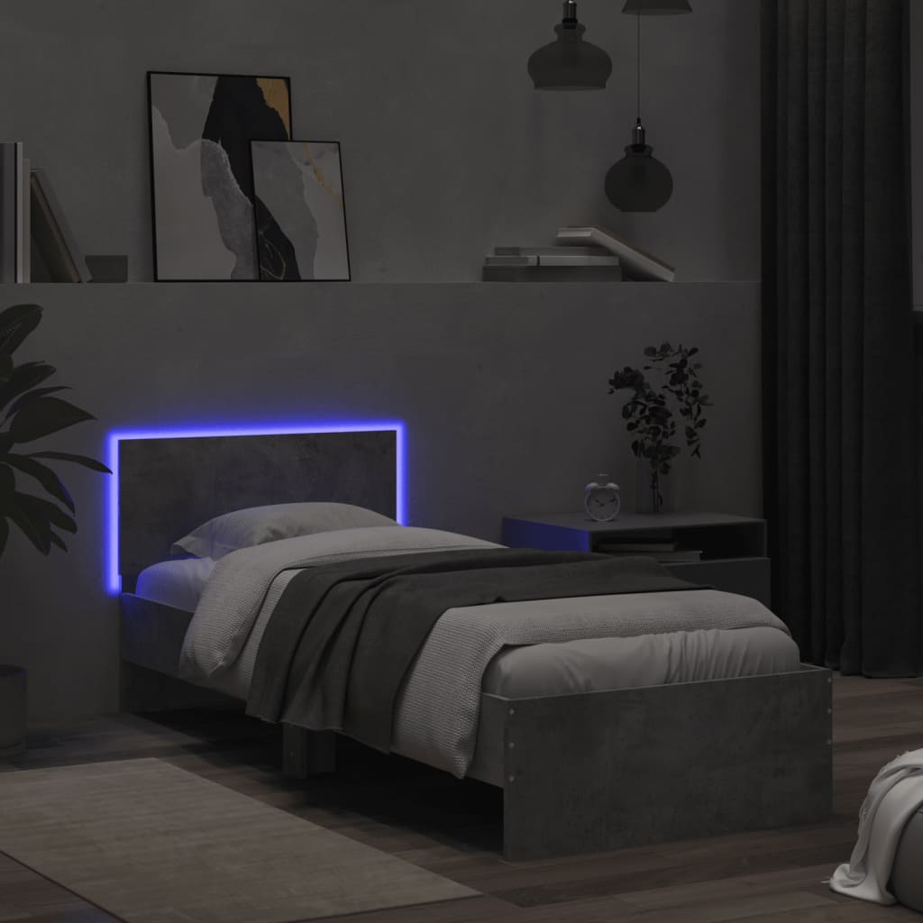 sengeramme med sengegavl og LED-lys 75x190 cm betongrå