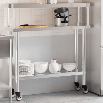 køkkenbord med tophylde 110x30x120 cm rustfrit stål
