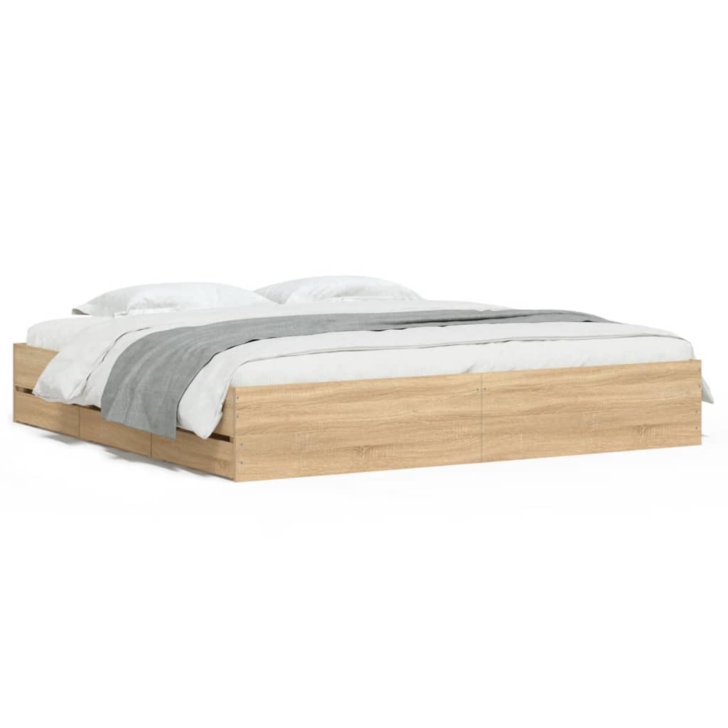 sengeramme med skuffer 200x200 cm konstrueret træ sonoma-eg
