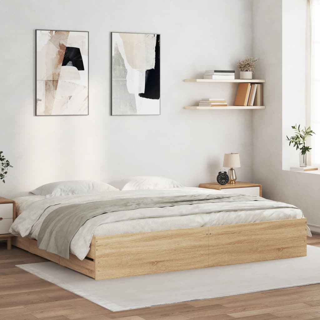 sengeramme med skuffer 200x200 cm konstrueret træ sonoma-eg