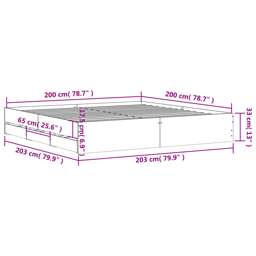 sengeramme med skuffer 200x200 cm konstrueret træ betongrå
