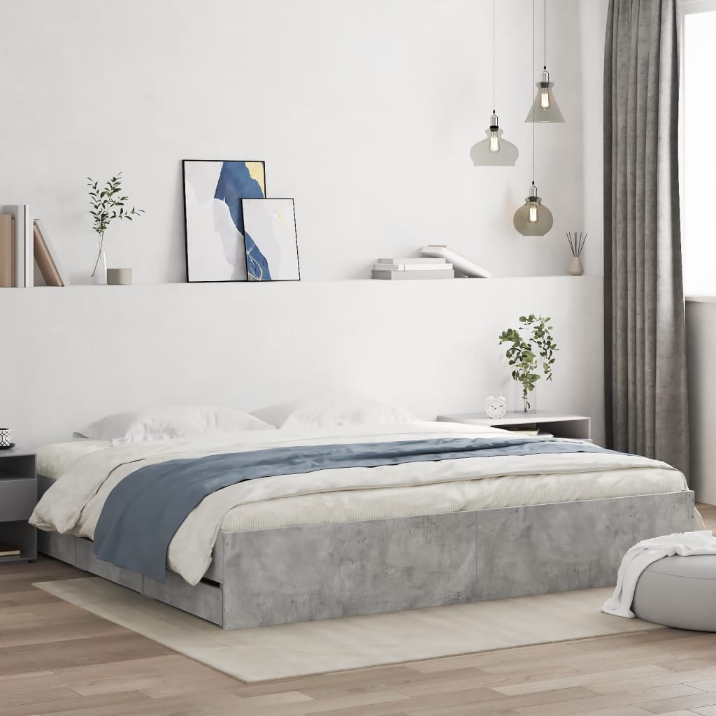 sengeramme med skuffer 200x200 cm konstrueret træ betongrå