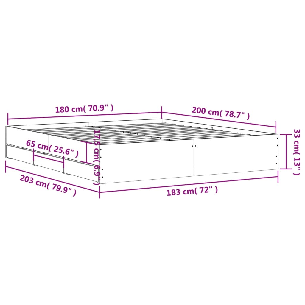sengeramme med skuffer 180x200 cm konstrueret træ grå sonoma-eg