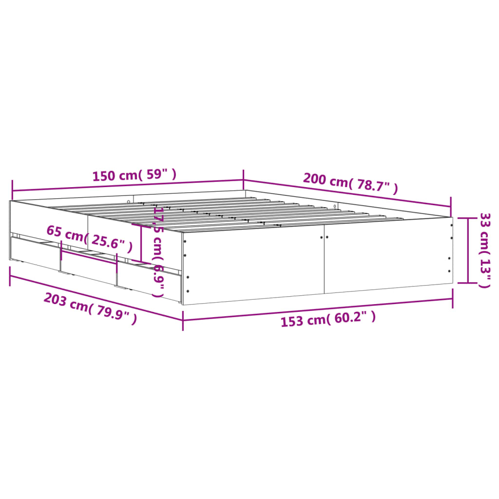 sengeramme med skuffer 150x200 cm konstrueret træ grå sonoma-eg