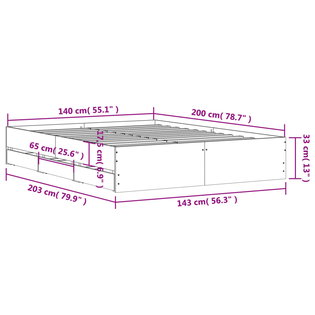 sengeramme med skuffer 140x200 cm konstrueret træ sonoma-eg